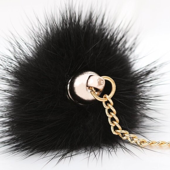 Trendy Rabbit Fur Pom Pom Earrings with Stylish Gold Chain - Statement Jewelry - Picture 4 of 4